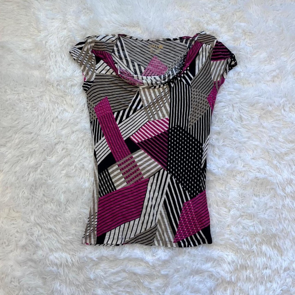 Y2K Pink Geometric Abstract Striped Cowl Neck Cap Sleeve Top XS